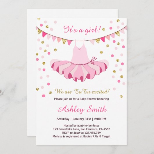 チュチュのベビーシャワーの招待状の女の子のピンクの金ゴールドのグリッター 招待状 (正面/裏面)