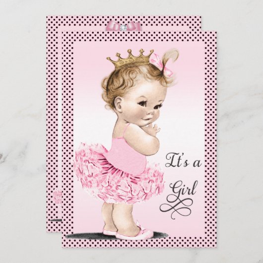 チュチュの水玉模様のベビーシャワーのプリンセス 招待状 (正面/裏面)