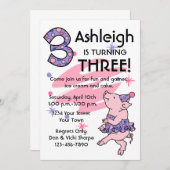 チュチュの豚のような第3誕生日のカスタムの招待状 招待状 (正面/裏面)