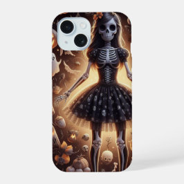 チュチュを着た女の子スケルトンと幽霊、ドクロ、コウモリ iPhone 15ケース