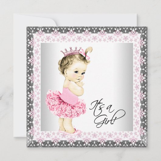 チュチュベイビーガールバレリーナシャワー 招待状 (正面)