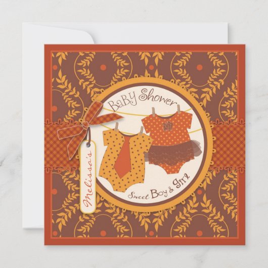 チュチュ及びタイ及び秋のダマスク織のつる植物の双生児のベビーシャワー 招待状 (正面)