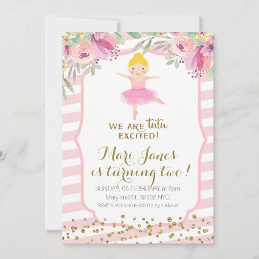 チュチュ ピンクの女の子の誕生日招待状 招待状 (正面)