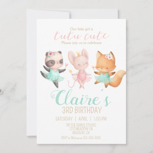 チュツカワイバレリーナ動物バレエ誕生日パーティー 招待状 (正面)