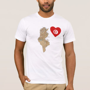 チュニジアの旗のハートおよび地図のTシャツ Tシャツ