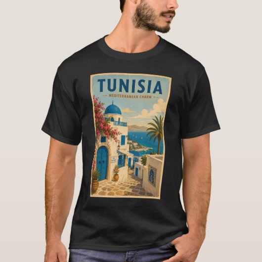 チュニジアの風景イラスト旅行アートヴィンテージ Tシャツ (正面)