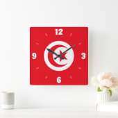 チュニジア国旗赤白三日月形の星番号 スクエア壁時計 (ホーム)