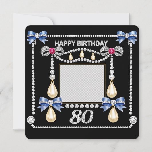 チューダー王朝風のダイヤモンドで飾られた80歳の誕生日カード 招待状 (正面)