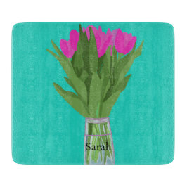 チューリかわいらしップ花モダンイラストレーション+名前 カッティングボード