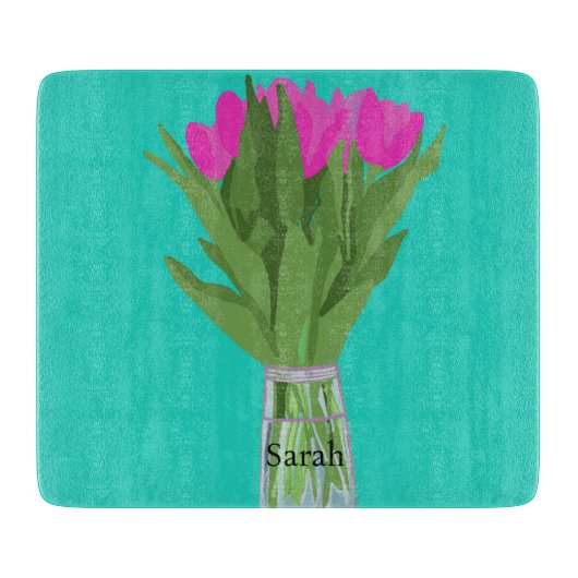 チューリかわいらしップ花モダンイラストレーション+名前 カッティングボード (正面)