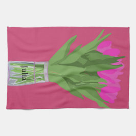 チューリかわいらしップ花モダンイラストレーション+名前 キッチンタオル