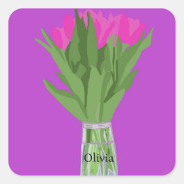 チューリかわいらしップ花モダンイラストレーション+名前 スクエアシール