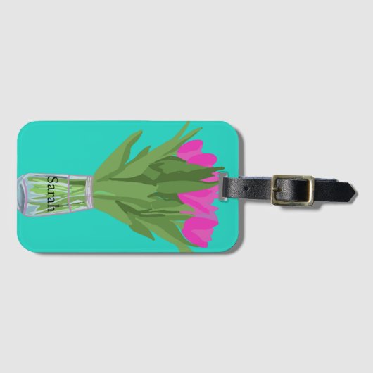 チューリかわいらしップ花モダンイラストレーション+名前 ラゲッジタグ (正面横)