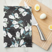 チューリエレガントップ花模様（黒）背景 キッチンタオル (四つ折り)