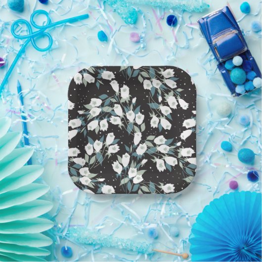 チューリエレガントップ花模様（黒）背景 ペーパープレート (パーティー)