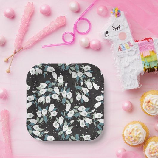 チューリエレガントップ花模様（黒）背景 ペーパープレート (パーティー)