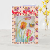 チューリカラフルップとバタフライウォーターカラーアートカード カード (黄色い花)