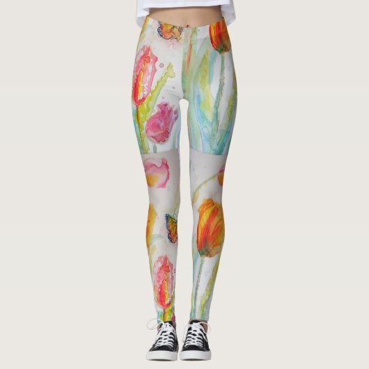 チューリカラフルップフローラウォーターカラーアートレギンス レギンス (正面)