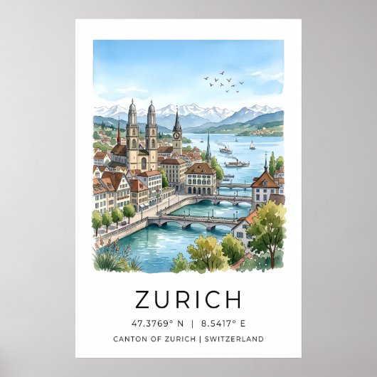 チューリッヒの街並みプリント スイス旅行イラスト ポスター (正面)