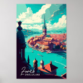 チューリッヒスイスアートヴィンテージ旅行イラストレーション ポスター (正面)