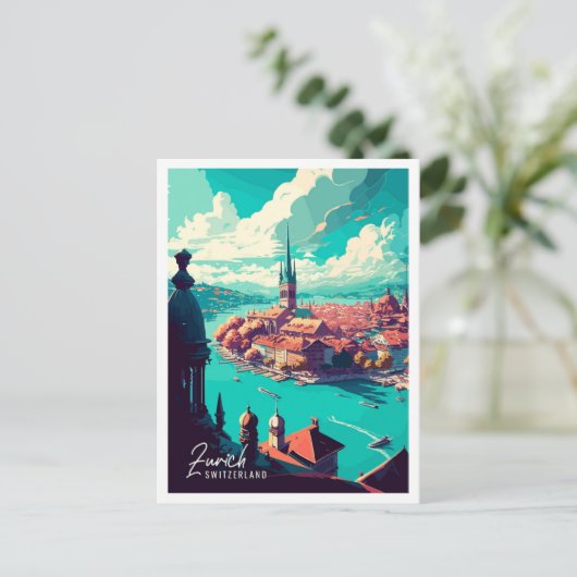 チューリッヒスイスアートヴィンテージ旅行イラストレーション ポストカード (スタンド正面)