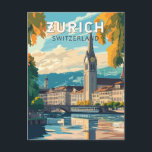 チューリッヒスイストラベルアートヴィンテージ ポストカード<br><div class="desc">チューリッヒのレトロベクトル旅行デザイン。リンマット川の両側にあるアルトシュタットの中央にある美しい路地（旧市街）は、中世以前の歴史を反映している。</div>