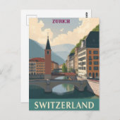 チューリッヒスイスヴィンテージトラベルアート ポストカード (正面/裏面)
