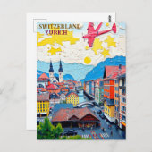 チューリッヒスイスヴィンテージトラベルアート ポストカード (正面/裏面)