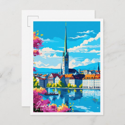 チューリッヒスイスヴィンテージ旅行イラストレーション ポストカード (正面/裏面)