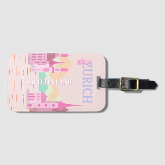 チューリッヒトラベルアート,スイス,ピンクレトロ旅行 ラゲッジタグ (正面横)