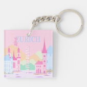 チューリッヒトラベルアート，スイス，ピンク名門私立校風の キーホルダー (裏面)