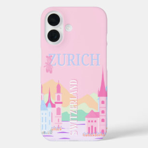 チューリッヒトラベルアート,スイス,ピンク名門私立校風の iPhone 16ケース