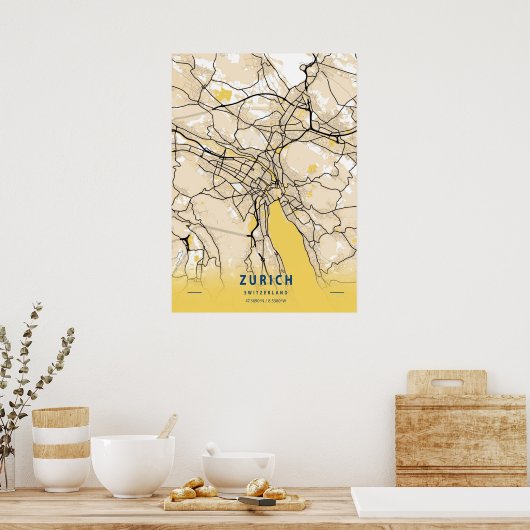 チューリッヒ – スイスイエローシティの地図 ポスター (キッチン)