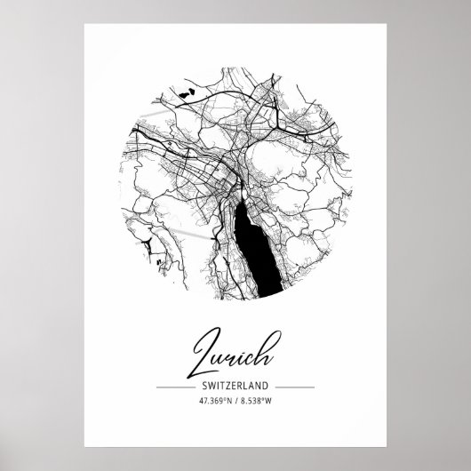 チューリッヒ – スイスブラックウォーターシティマップ ポスター (正面)