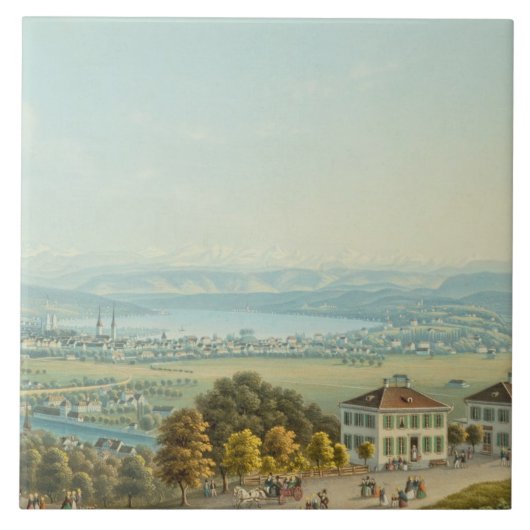 チューリッヒ、c.1840 (w/c)の眺め タイル (正面)
