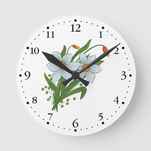 チューリップおよびラッパスイセンの花Clockface 1つの黒 ラウンド壁時計 (正面)