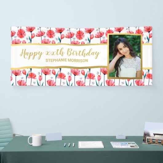 チューリップかわいらしフラワーカスタム文字誕生日 横断幕 (トレードショー)