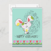 チューリップとイースター卵を持つキュートなイースターバニー シーズンポストカード (正面/裏面)