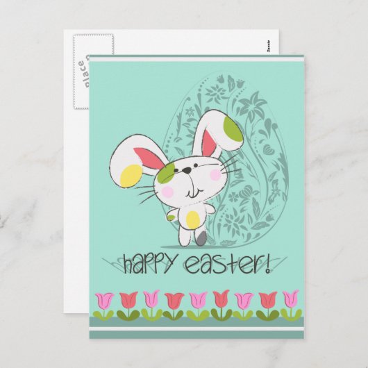 チューリップとイースター卵を持つキュートなイースターバニー シーズンポストカード (正面/裏面)