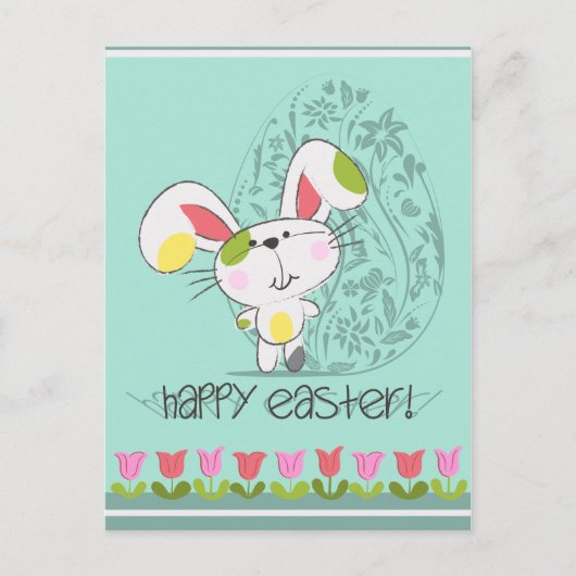 チューリップとイースター卵を持つキュートなイースターバニー シーズンポストカード (正面)