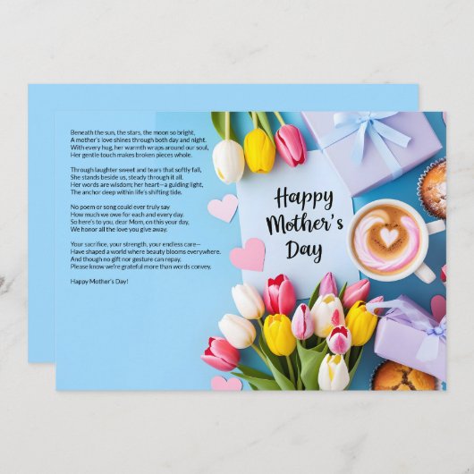 チューリップとコーヒー母の日の心のこもった詩 招待状 (正面/裏面)