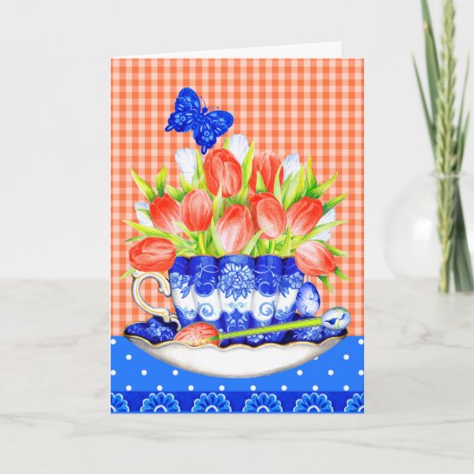 チューリップとティーカップのグリーティングカード カード (正面)