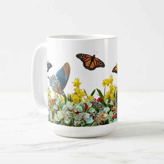 チューリップとデイジー付きバタフライフラワーガーデン コーヒーマグカップ (正面左)