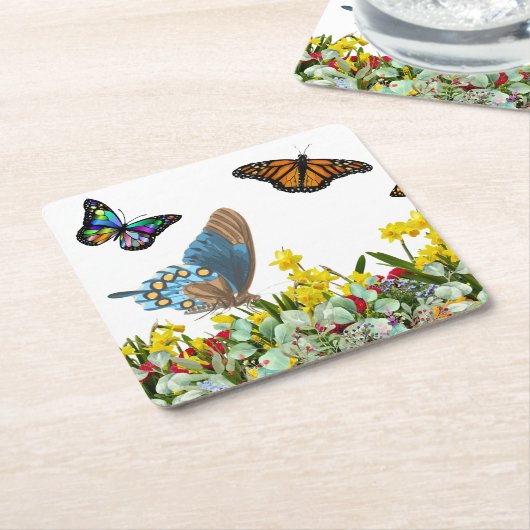 チューリップとデイジー付きバタフライフラワーガーデン スクエアペーパーコースター (アングル)