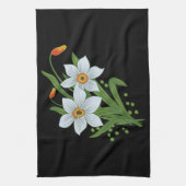 チューリップと水仙の花の黒い背景 キッチンタオル (縦)