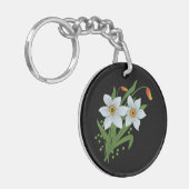 チューリップと水仙の花の黒い背景 キーホルダー (正面左)