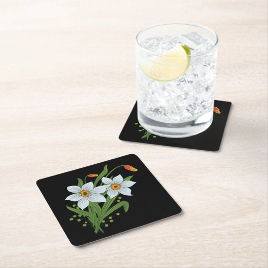 チューリップと水仙の花の黒い背景 スクエアペーパーコースター (インサイチュ)