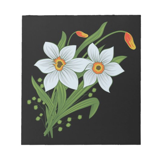 チューリップと水仙の花の黒い背景 ノートパッド (正面)