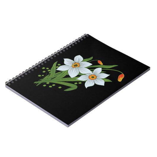 チューリップと水仙の花の黒い背景 ノートブック (左側)