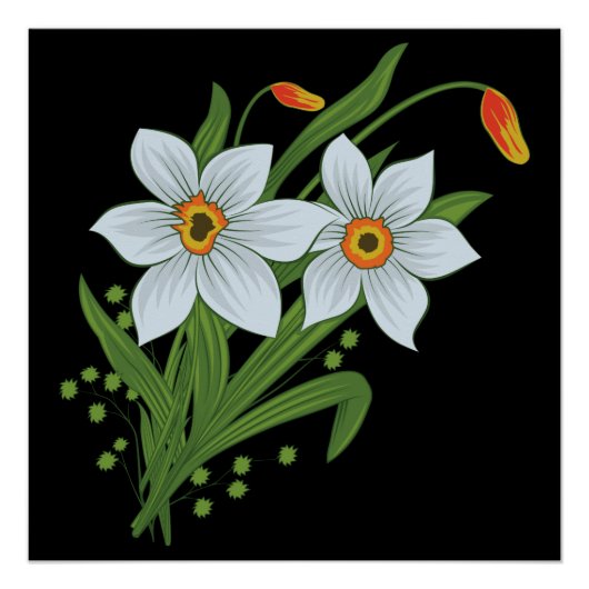 チューリップと水仙の花の黒い背景 ポスター (正面)
